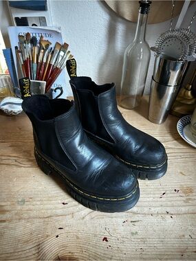 Dr. Martens Black Leather Chelsea Boots with Yellow Welt Stitching
